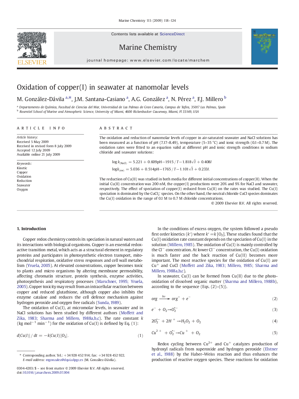 Oxidation of copper(I) in seawater at nanomolar levels