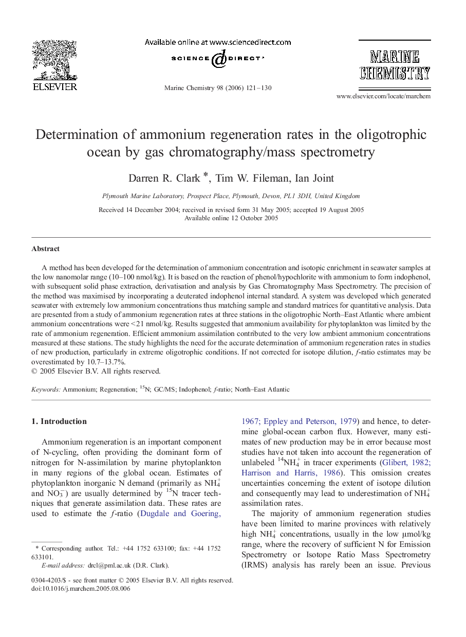 Determination of ammonium regeneration rates in the oligotrophic ocean by gas chromatography/mass spectrometry