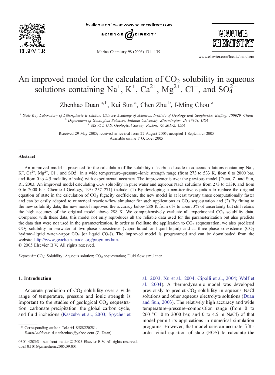 An improved model for the calculation of CO2 solubility in aqueous solutions containing Na+, K+, Ca2+, Mg2+, Cl−, and SO42−