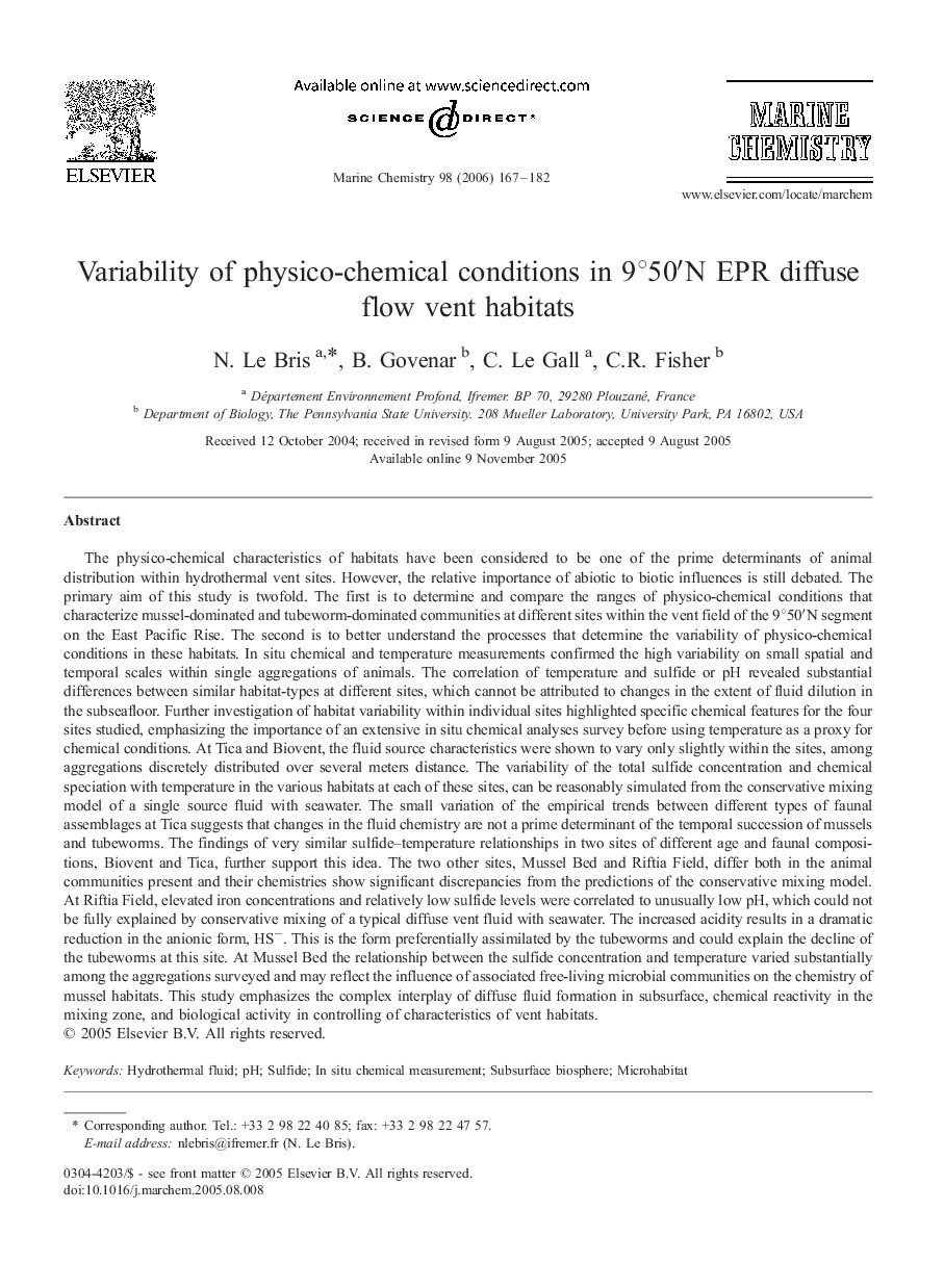 Variability of physico-chemical conditions in 9°50′N EPR diffuse flow vent habitats