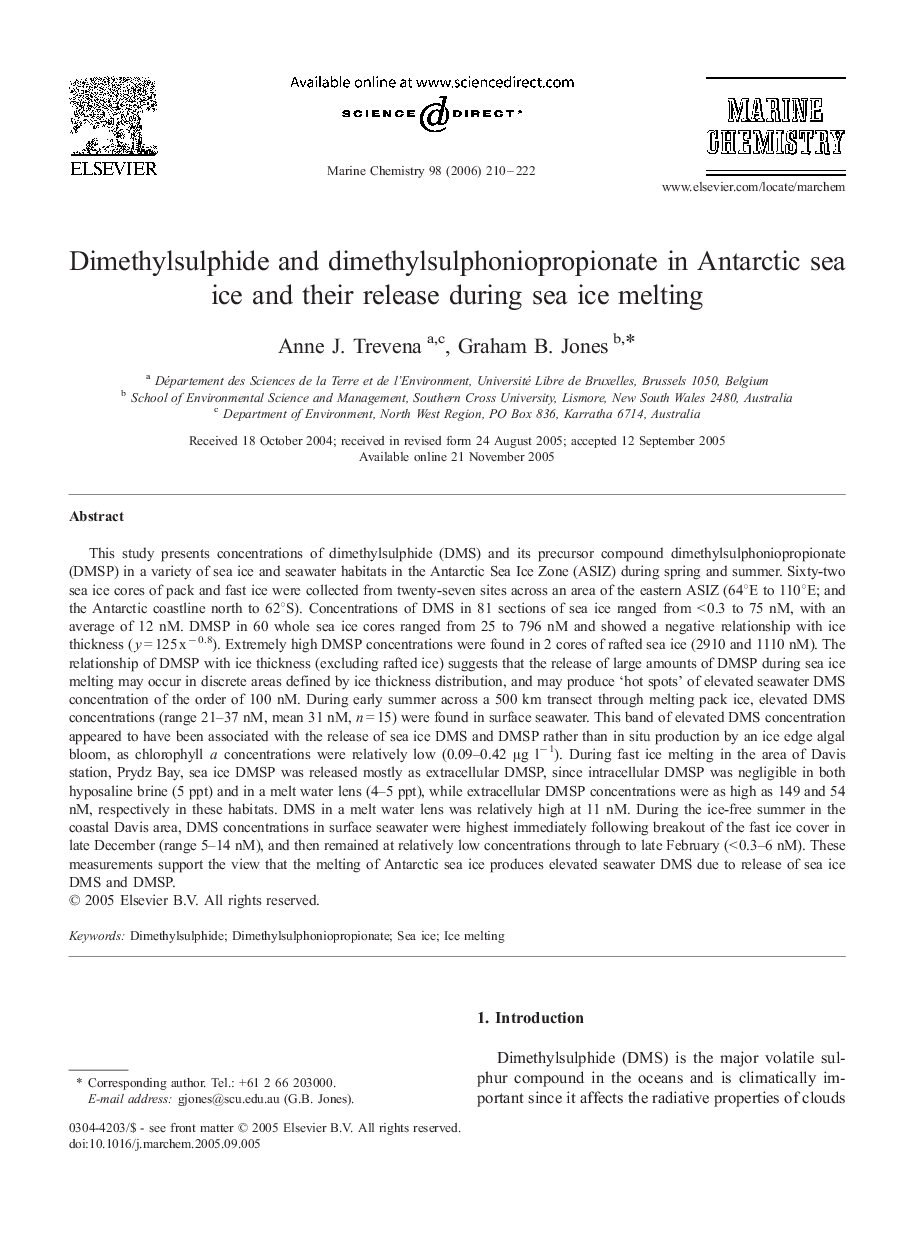 Dimethylsulphide and dimethylsulphoniopropionate in Antarctic sea ice and their release during sea ice melting