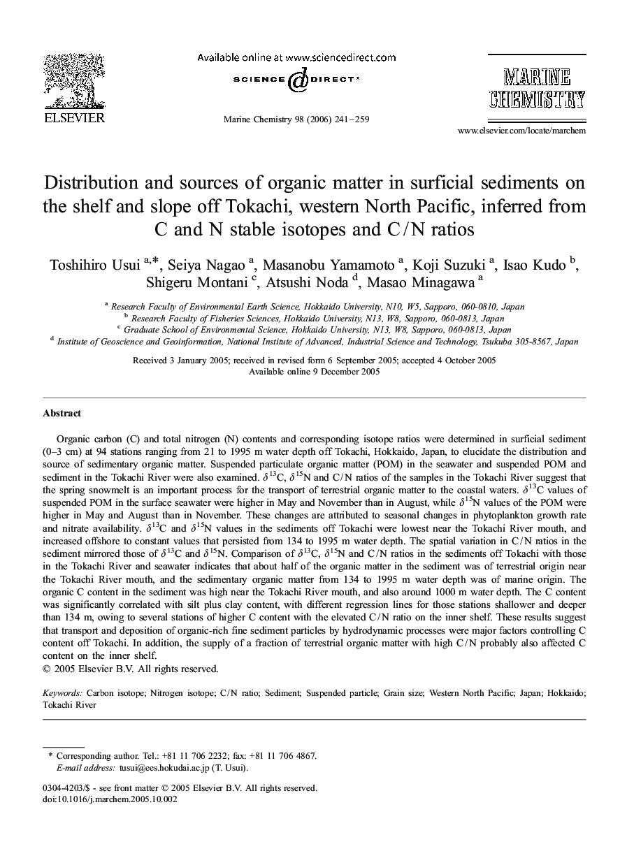 Distribution and sources of organic matter in surficial sediments on the shelf and slope off Tokachi, western North Pacific, inferred from C and N stable isotopes and C / N ratios