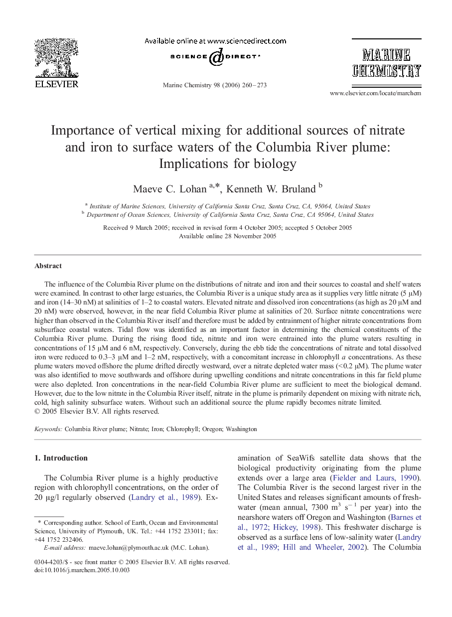 Importance of vertical mixing for additional sources of nitrate and iron to surface waters of the Columbia River plume: Implications for biology