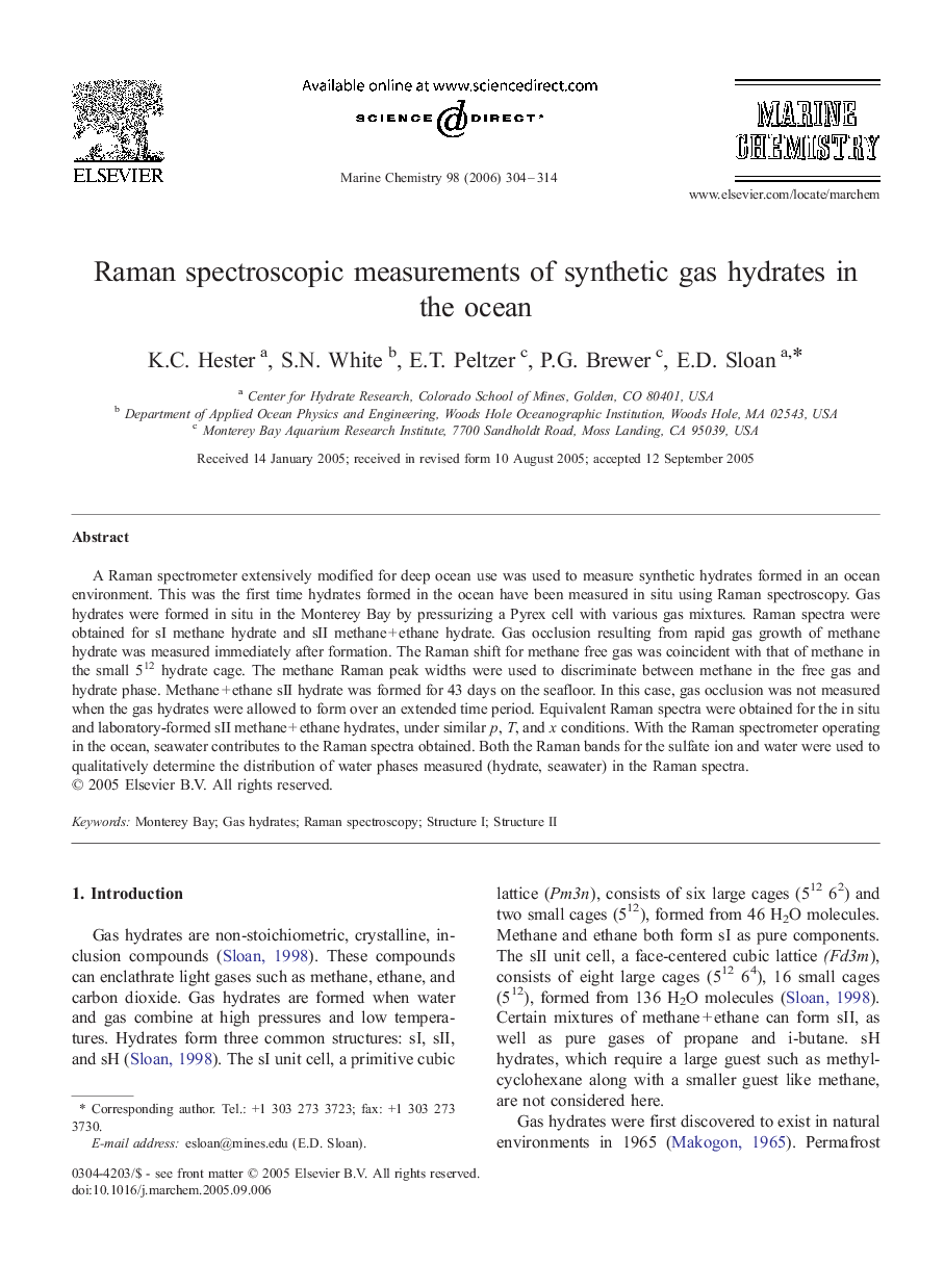 Raman spectroscopic measurements of synthetic gas hydrates in the ocean