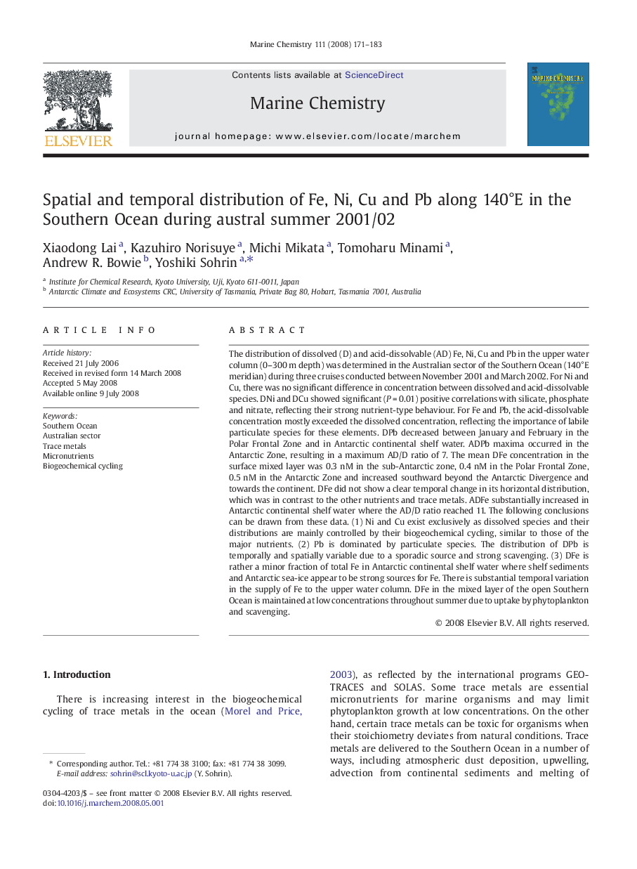 Spatial and temporal distribution of Fe, Ni, Cu and Pb along 140°E in the Southern Ocean during austral summer 2001/02