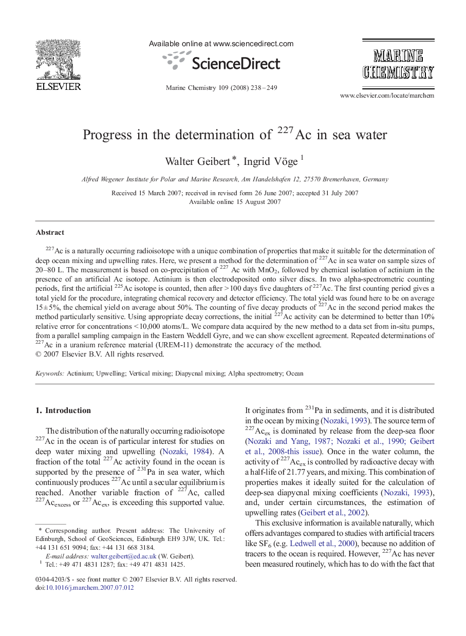 Progress in the determination of 227Ac in sea water