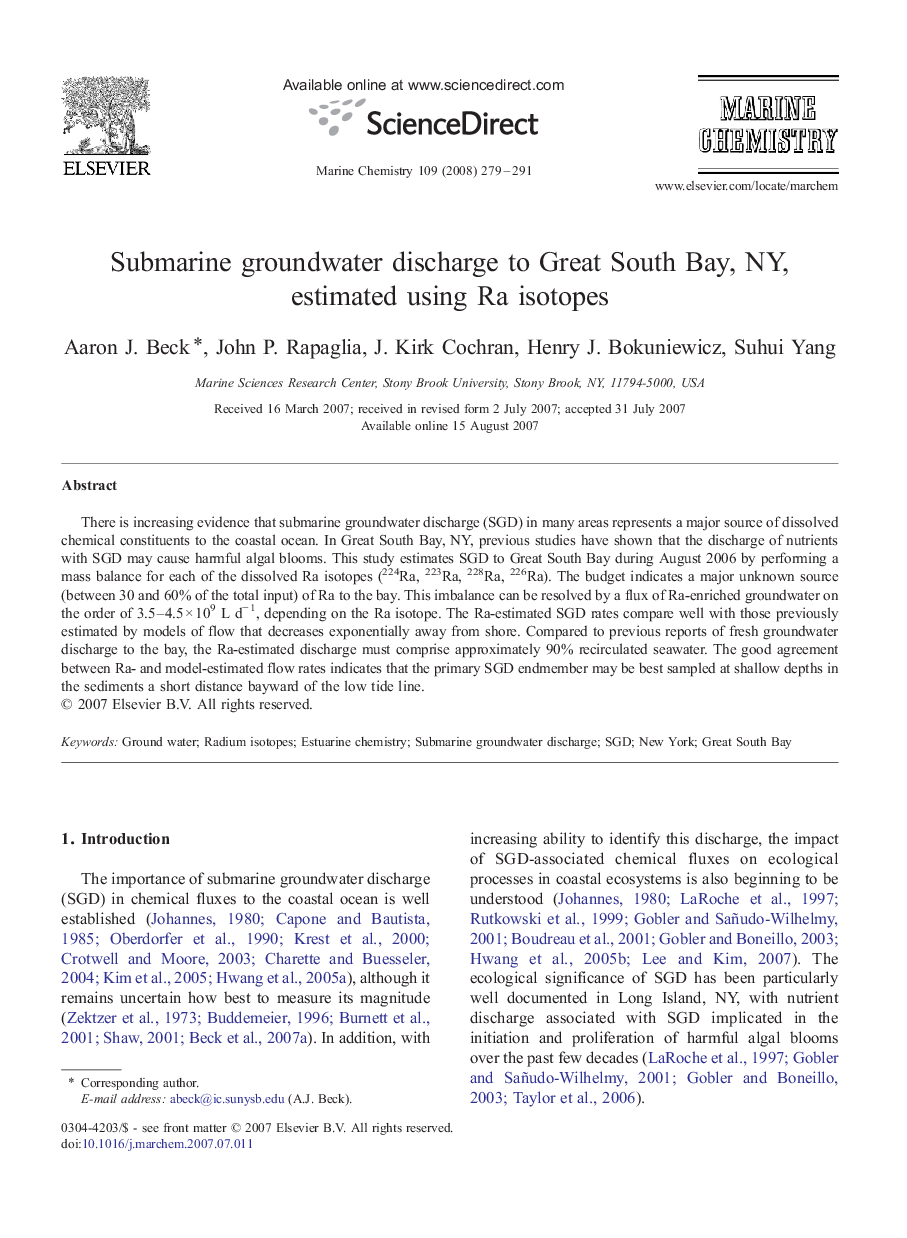 Submarine groundwater discharge to Great South Bay, NY, estimated using Ra isotopes
