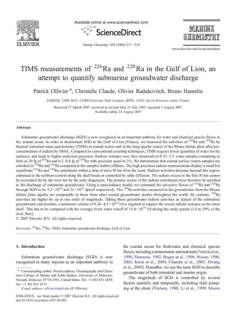 TIMS measurements of 226Ra and 228Ra in the Gulf of Lion, an attempt to quantify submarine groundwater discharge