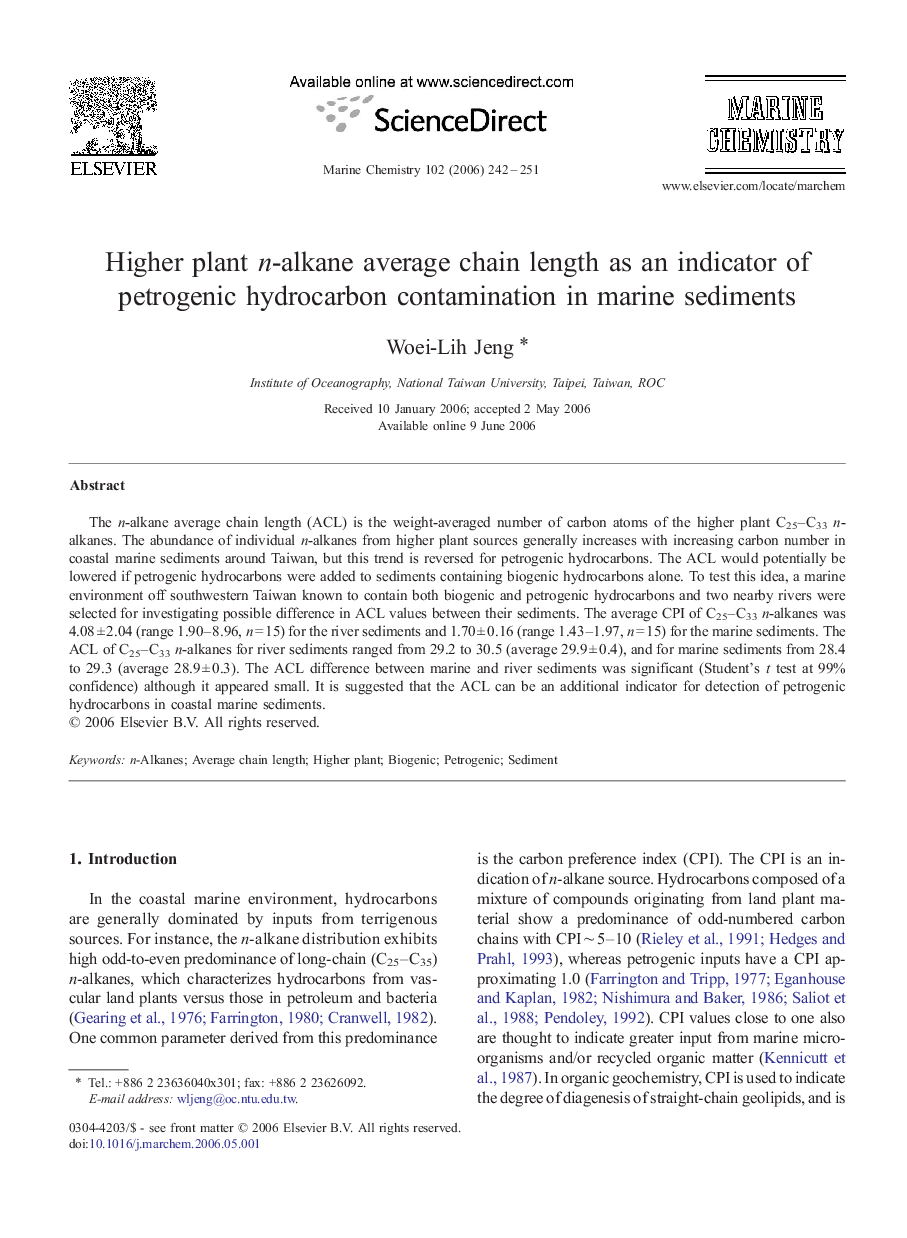 Higher plant n-alkane average chain length as an indicator of petrogenic hydrocarbon contamination in marine sediments