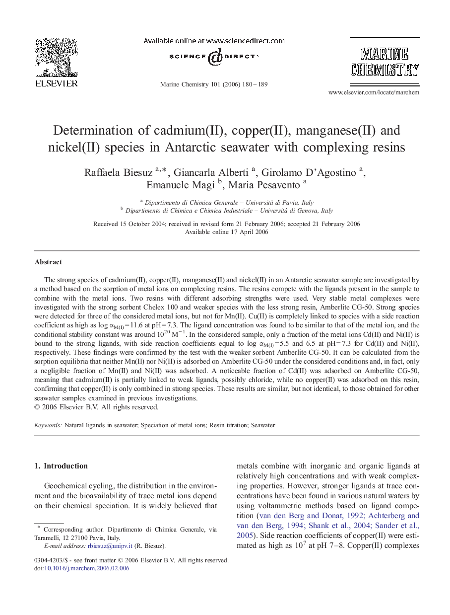 Determination of cadmium(II), copper(II), manganese(II) and nickel(II) species in Antarctic seawater with complexing resins