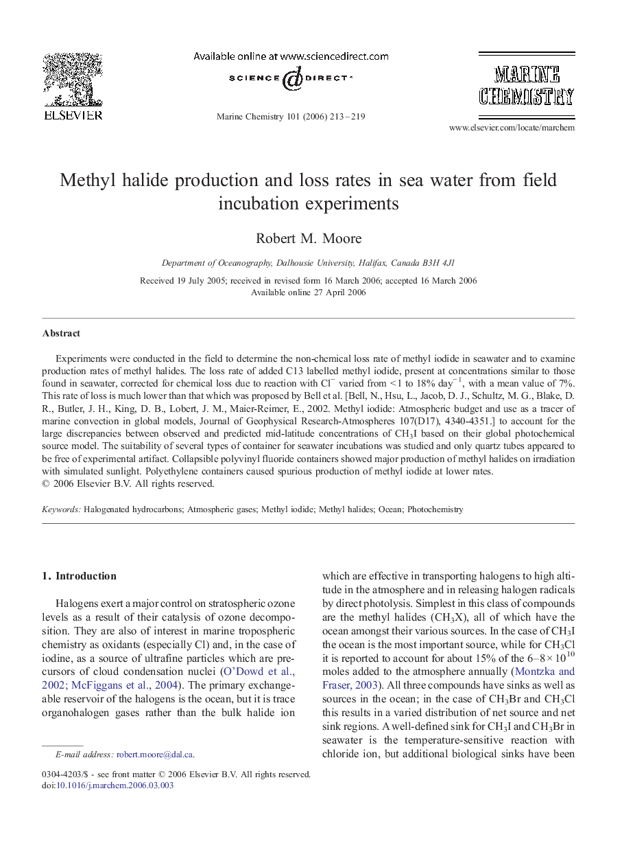 Methyl halide production and loss rates in sea water from field incubation experiments