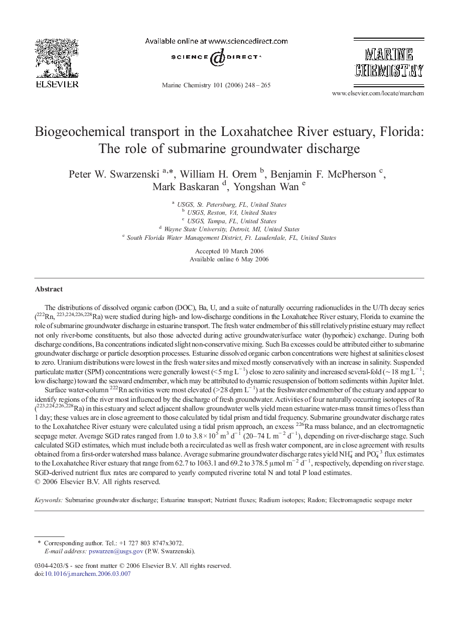 Biogeochemical transport in the Loxahatchee River estuary, Florida: The role of submarine groundwater discharge