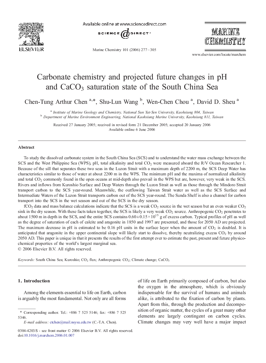 Carbonate chemistry and projected future changes in pH and CaCO3 saturation state of the South China Sea