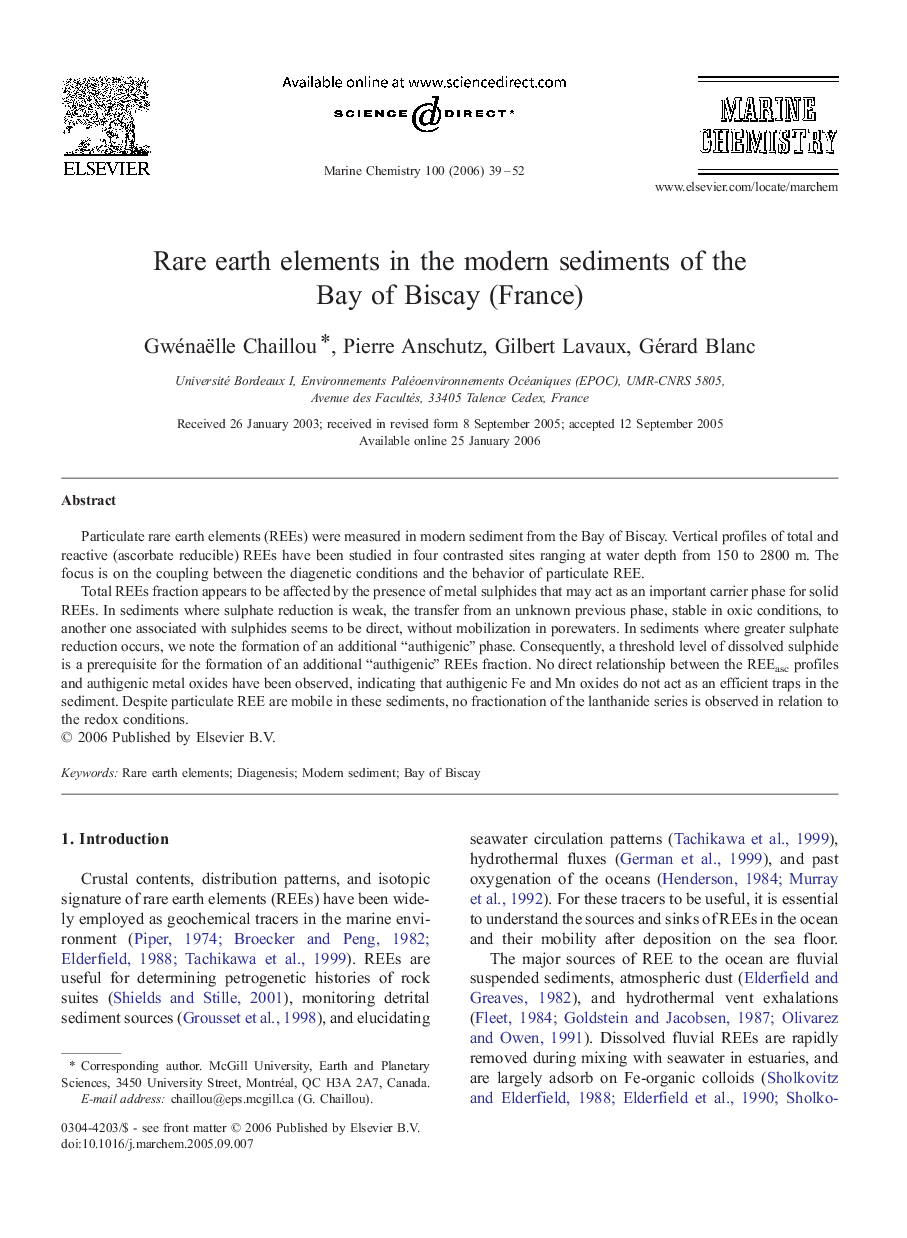 Rare earth elements in the modern sediments of the Bay of Biscay (France)