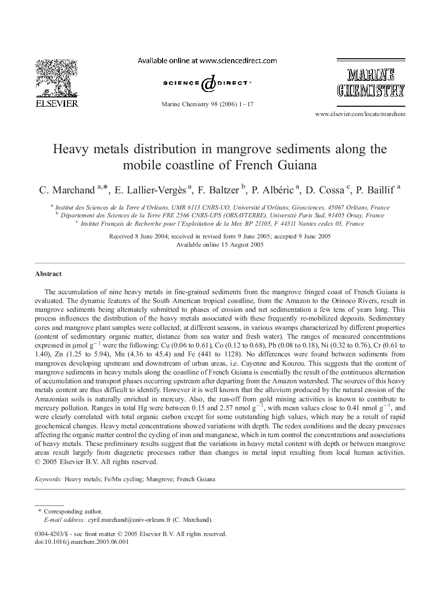 Heavy metals distribution in mangrove sediments along the mobile coastline of French Guiana