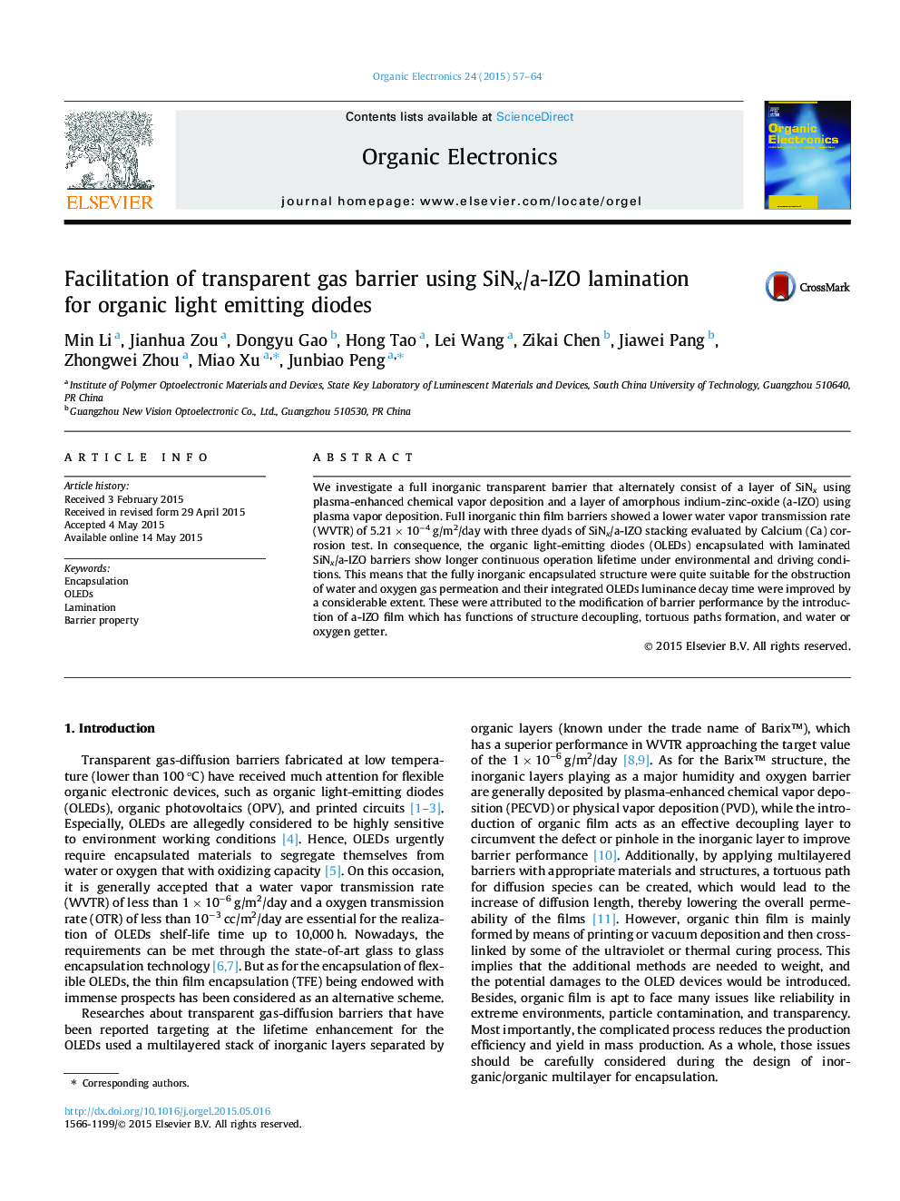 Facilitation of transparent gas barrier using SiNx/a-IZO lamination for organic light emitting diodes