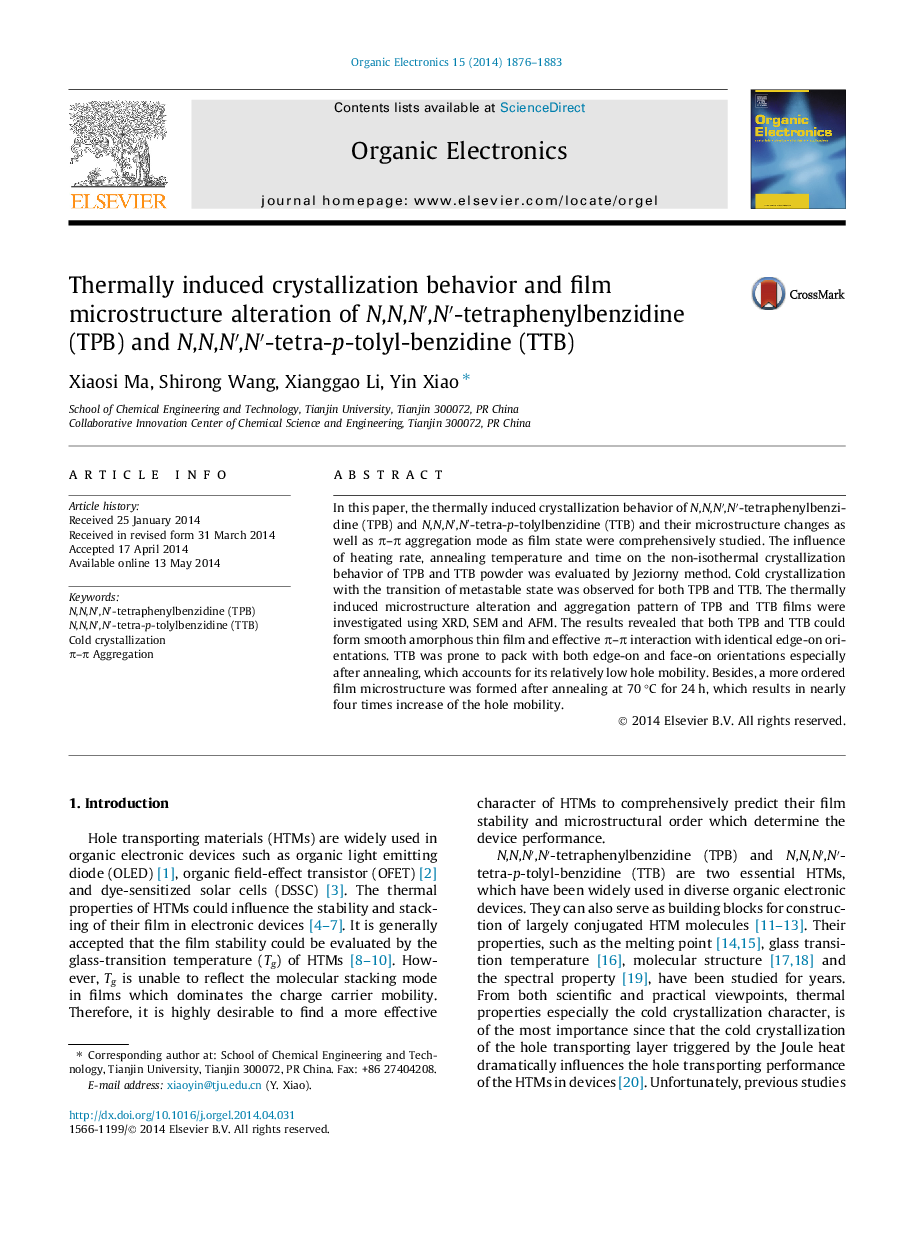 Thermally induced crystallization behavior and film microstructure alteration of N,N,N′,N′-tetraphenylbenzidine (TPB) and N,N,N′,N′-tetra-p-tolyl-benzidine (TTB)