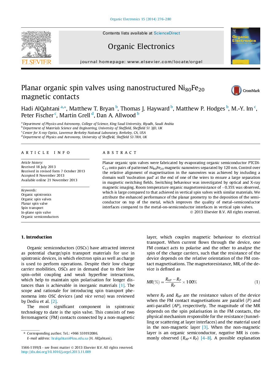 Planar organic spin valves using nanostructured Ni80Fe20 magnetic contacts