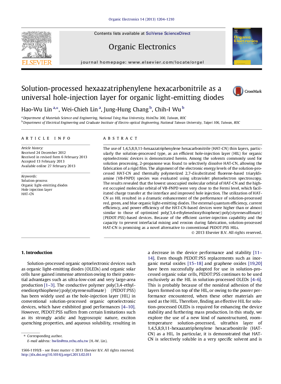 Solution-processed hexaazatriphenylene hexacarbonitrile as a universal hole-injection layer for organic light-emitting diodes