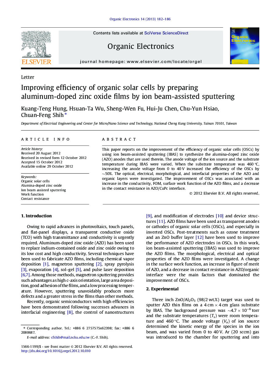 Improving efficiency of organic solar cells by preparing aluminum-doped zinc oxide films by ion beam-assisted sputtering