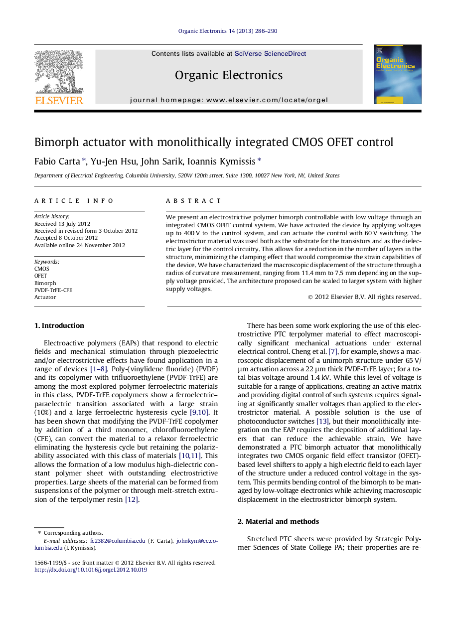 Bimorph actuator with monolithically integrated CMOS OFET control