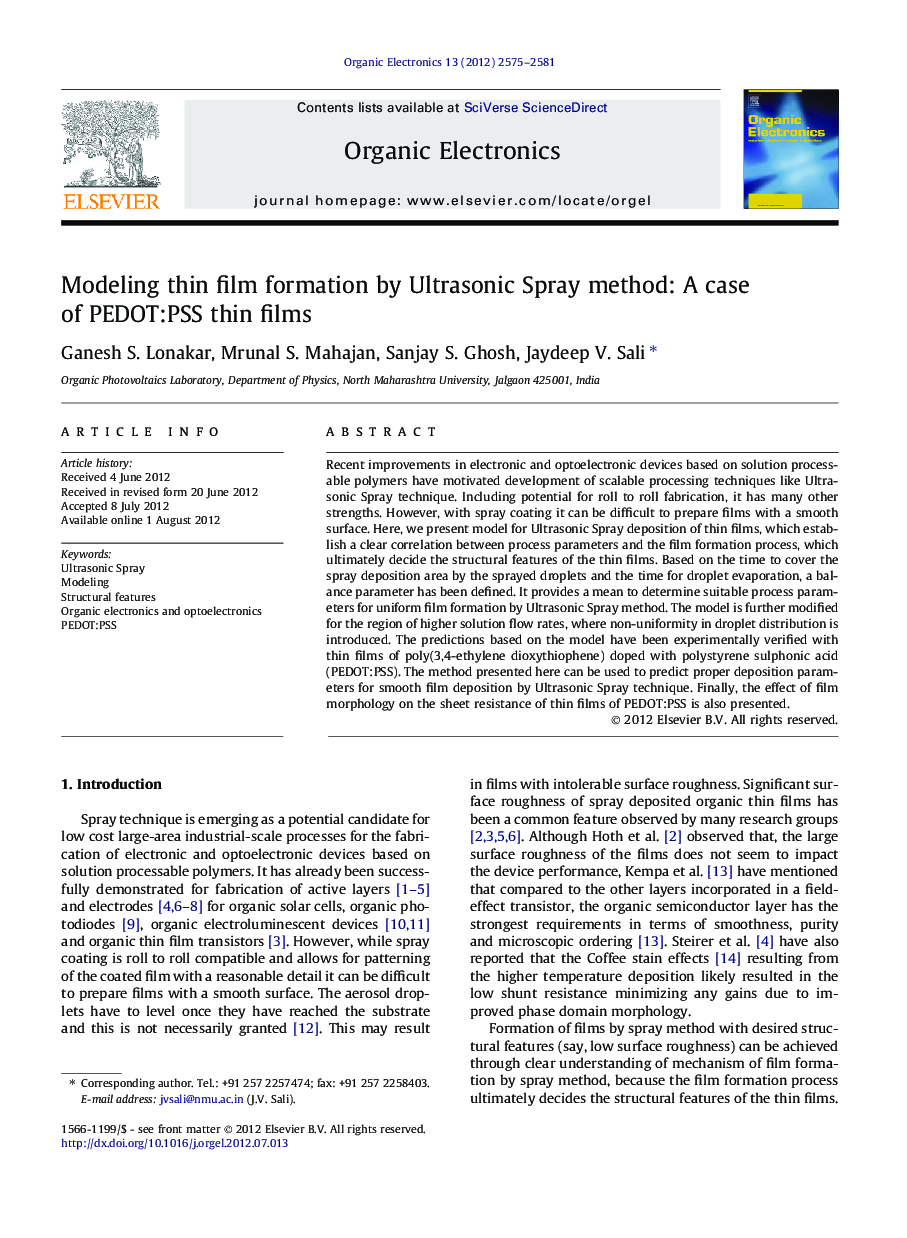 Modeling thin film formation by Ultrasonic Spray method: A case of PEDOT:PSS thin films
