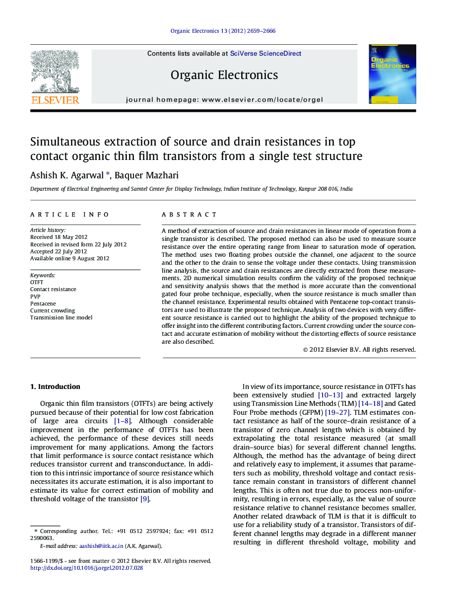 Simultaneous extraction of source and drain resistances in top contact organic thin film transistors from a single test structure