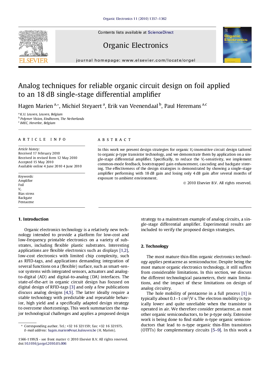 Analog techniques for reliable organic circuit design on foil applied to an 18 dB single-stage differential amplifier