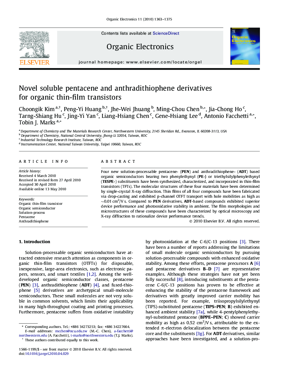 Novel soluble pentacene and anthradithiophene derivatives for organic thin-film transistors