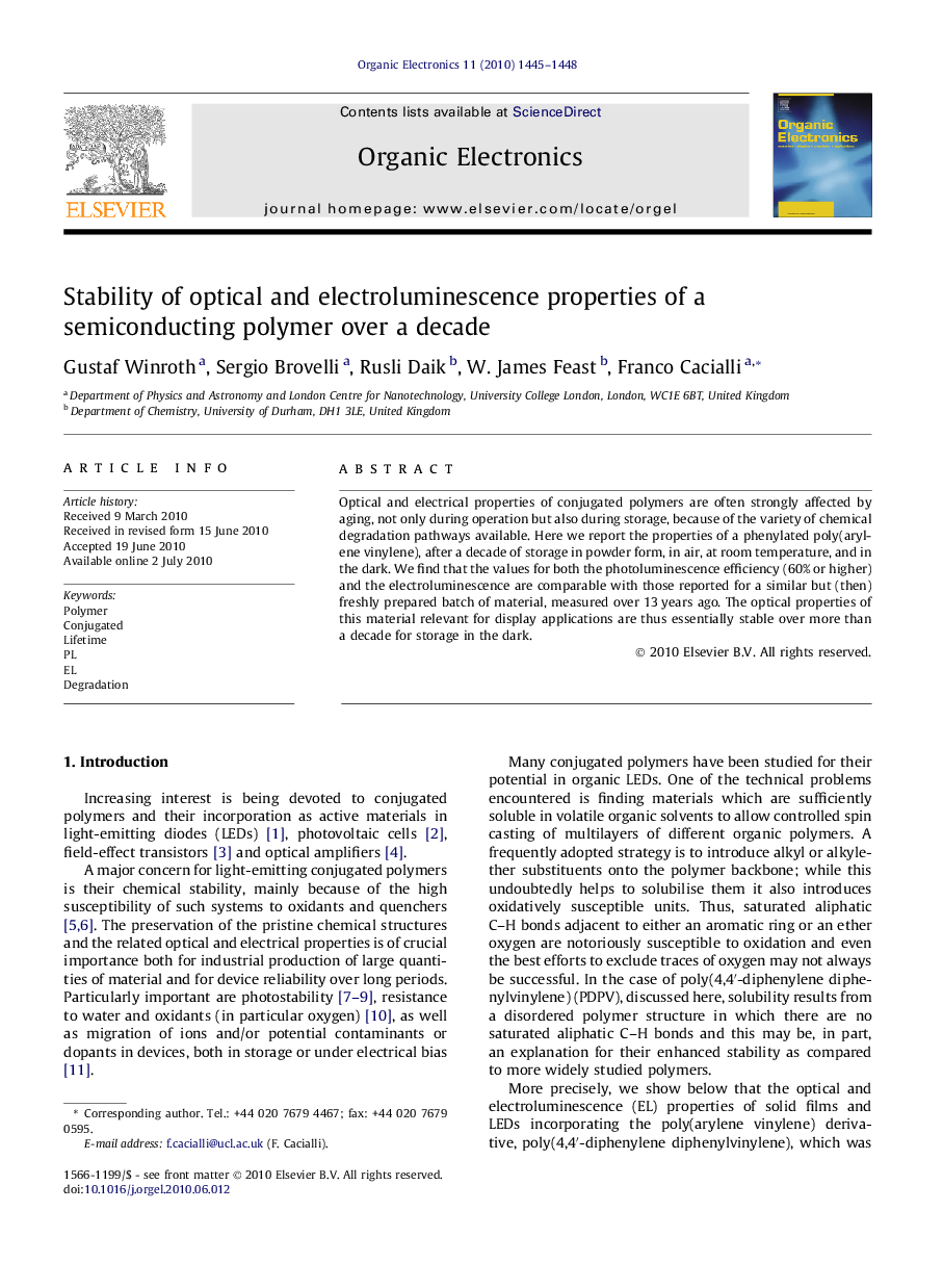 عکس صفحه اول مقاله: Stability of optical and electroluminescence properties of a semiconducting polymer over a decade Stability of optical and electroluminescence properties of a semiconducting polymer over a decade