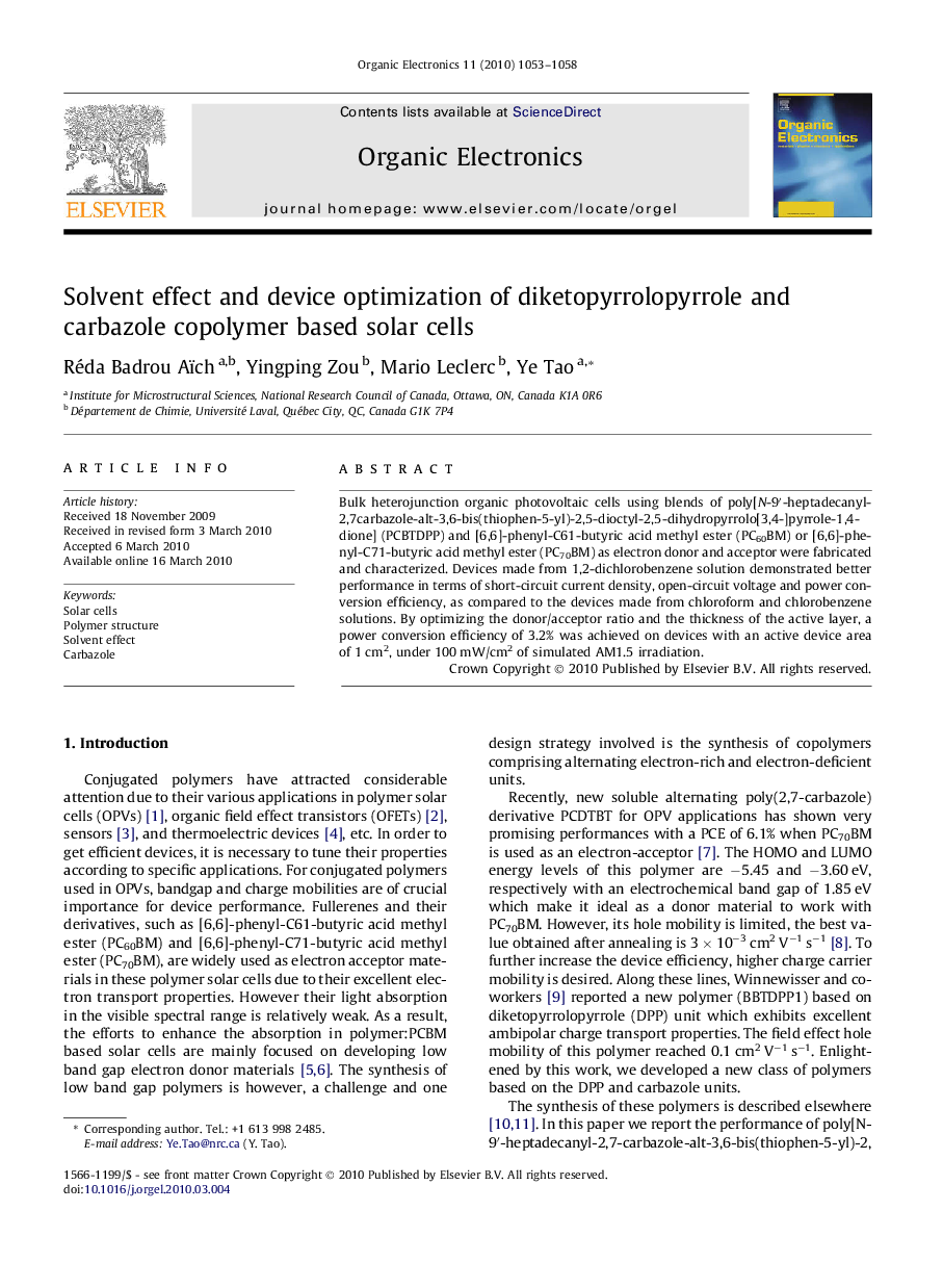 Solvent effect and device optimization of diketopyrrolopyrrole and carbazole copolymer based solar cells