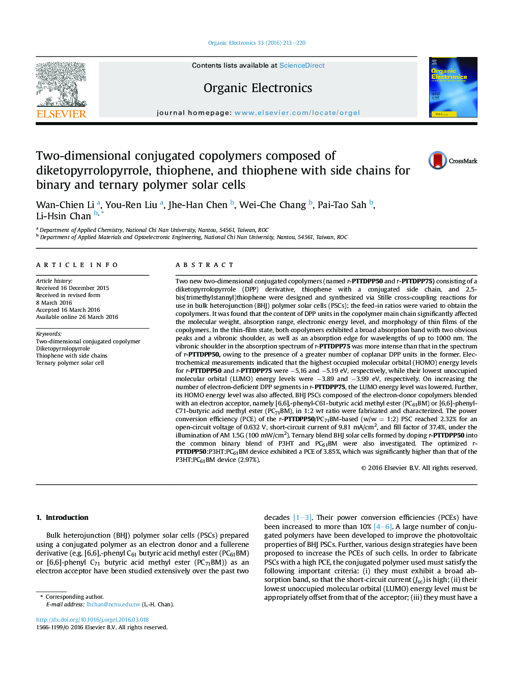 Two-dimensional conjugated copolymers composed of diketopyrrolopyrrole, thiophene, and thiophene with side chains for binary and ternary polymer solar cells