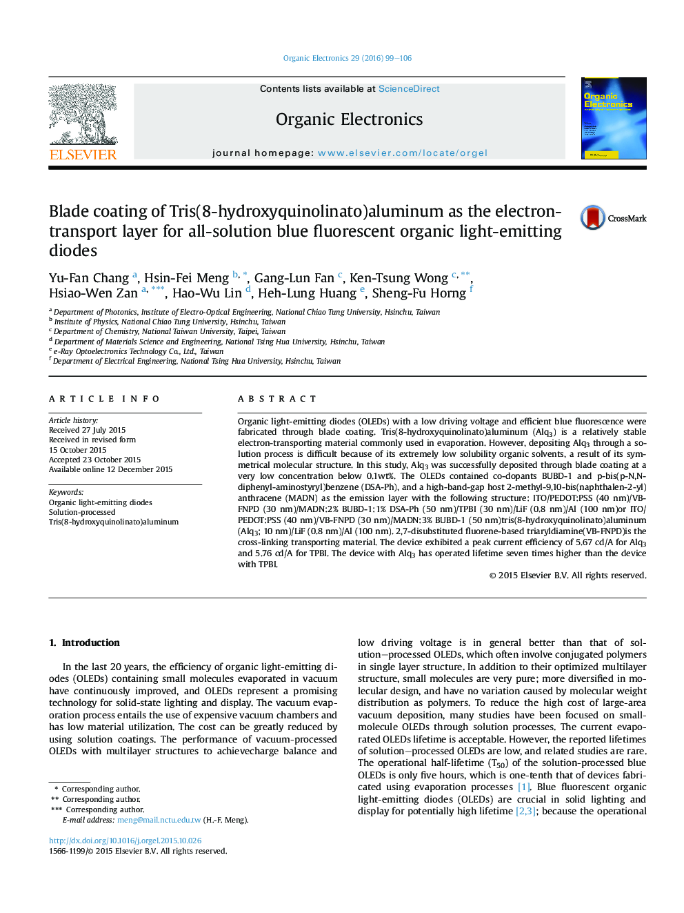 Blade coating of Tris(8-hydroxyquinolinato)aluminum as the electron-transport layer for all-solution blue fluorescent organic light-emitting diodes