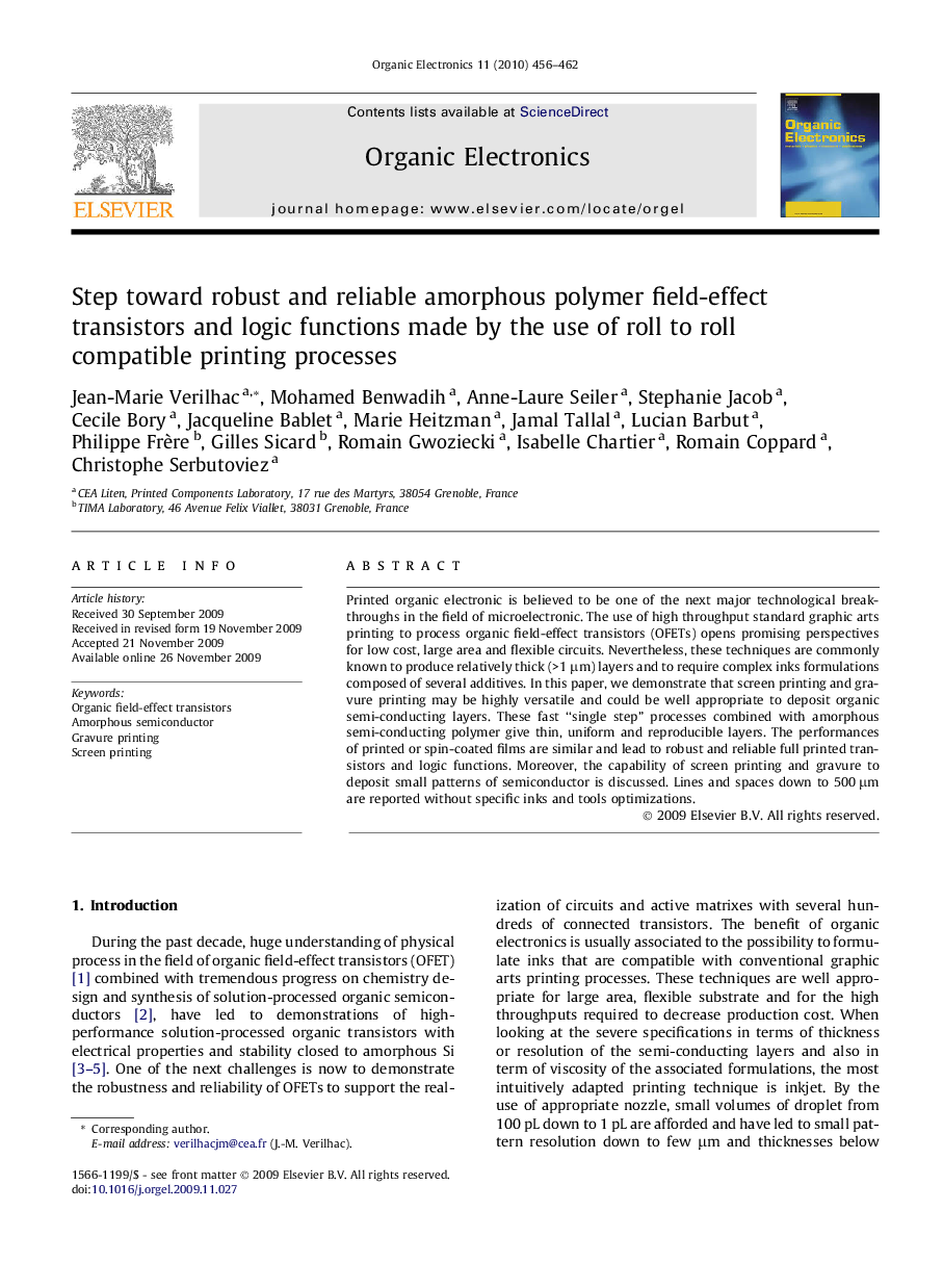 Step toward robust and reliable amorphous polymer field-effect transistors and logic functions made by the use of roll to roll compatible printing processes