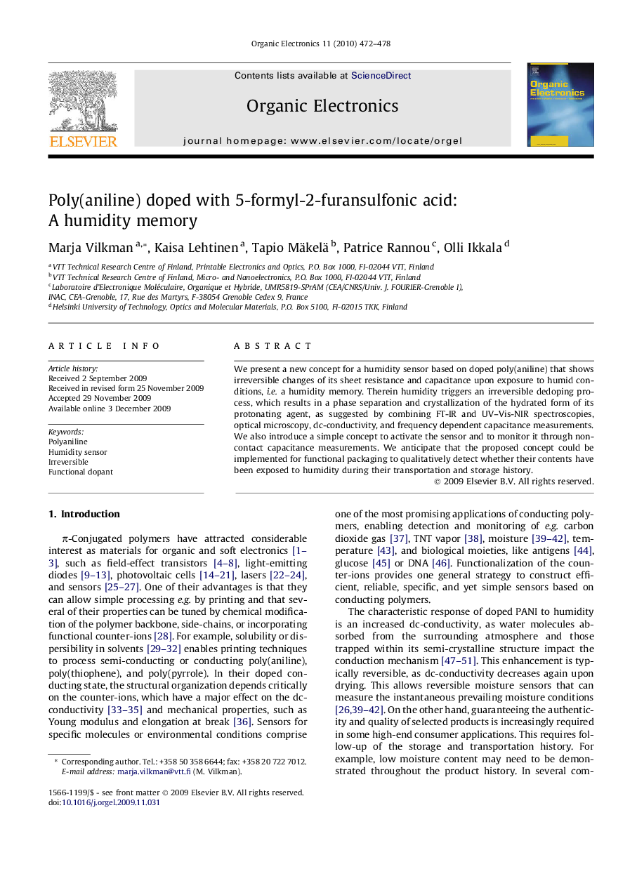 Poly(aniline) doped with 5-formyl-2-furansulfonic acid: A humidity memory