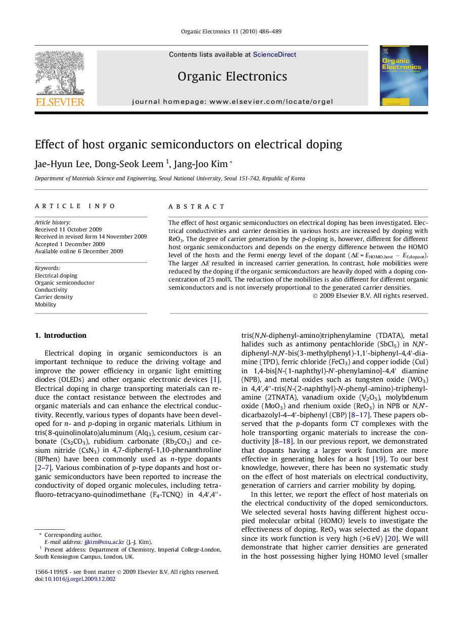 Effect of host organic semiconductors on electrical doping