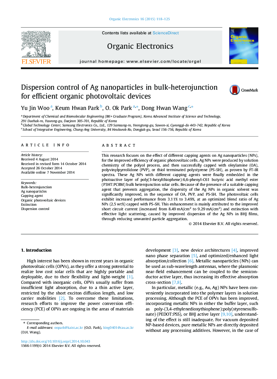 Dispersion control of Ag nanoparticles in bulk-heterojunction for efficient organic photovoltaic devices