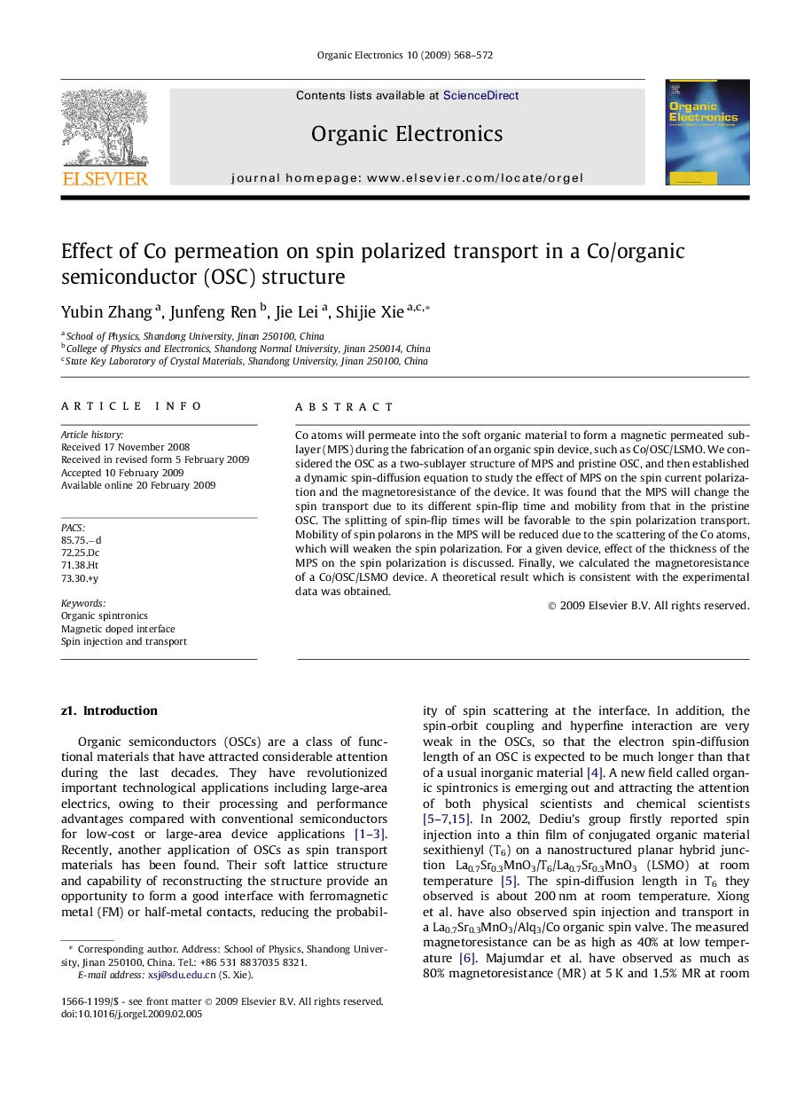 Effect of Co permeation on spin polarized transport in a Co/organic semiconductor (OSC) structure