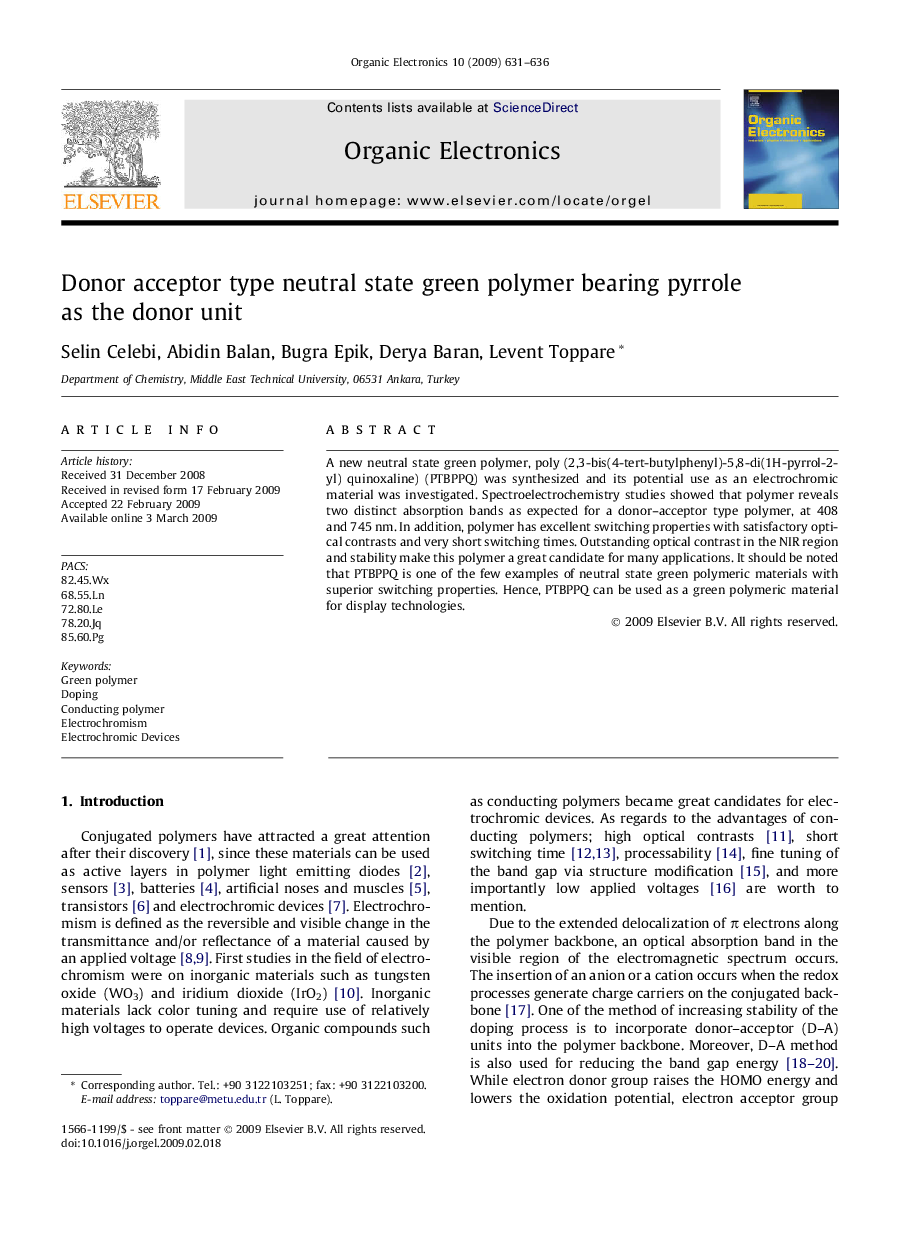 Donor acceptor type neutral state green polymer bearing pyrrole as the donor unit