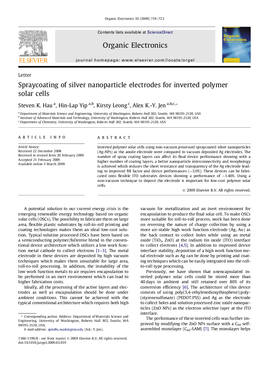 Spraycoating of silver nanoparticle electrodes for inverted polymer solar cells