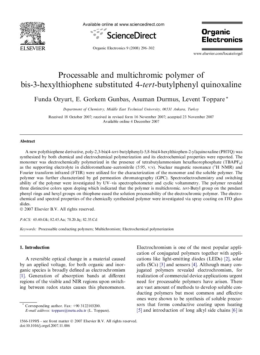 Processable and multichromic polymer of bis-3-hexylthiophene substituted 4-tert-butylphenyl quinoxaline