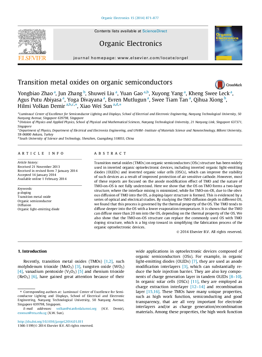 Transition metal oxides on organic semiconductors