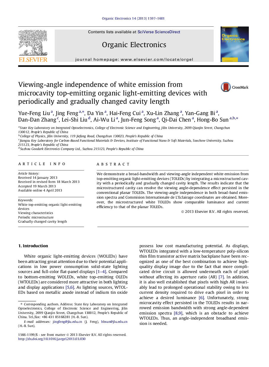 Viewing-angle independence of white emission from microcavity top-emitting organic light-emitting devices with periodically and gradually changed cavity length