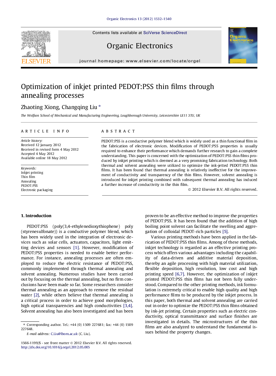 Optimization of inkjet printed PEDOT:PSS thin films through annealing processes