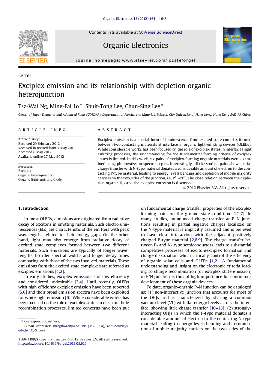 Exciplex emission and its relationship with depletion organic heterojunction