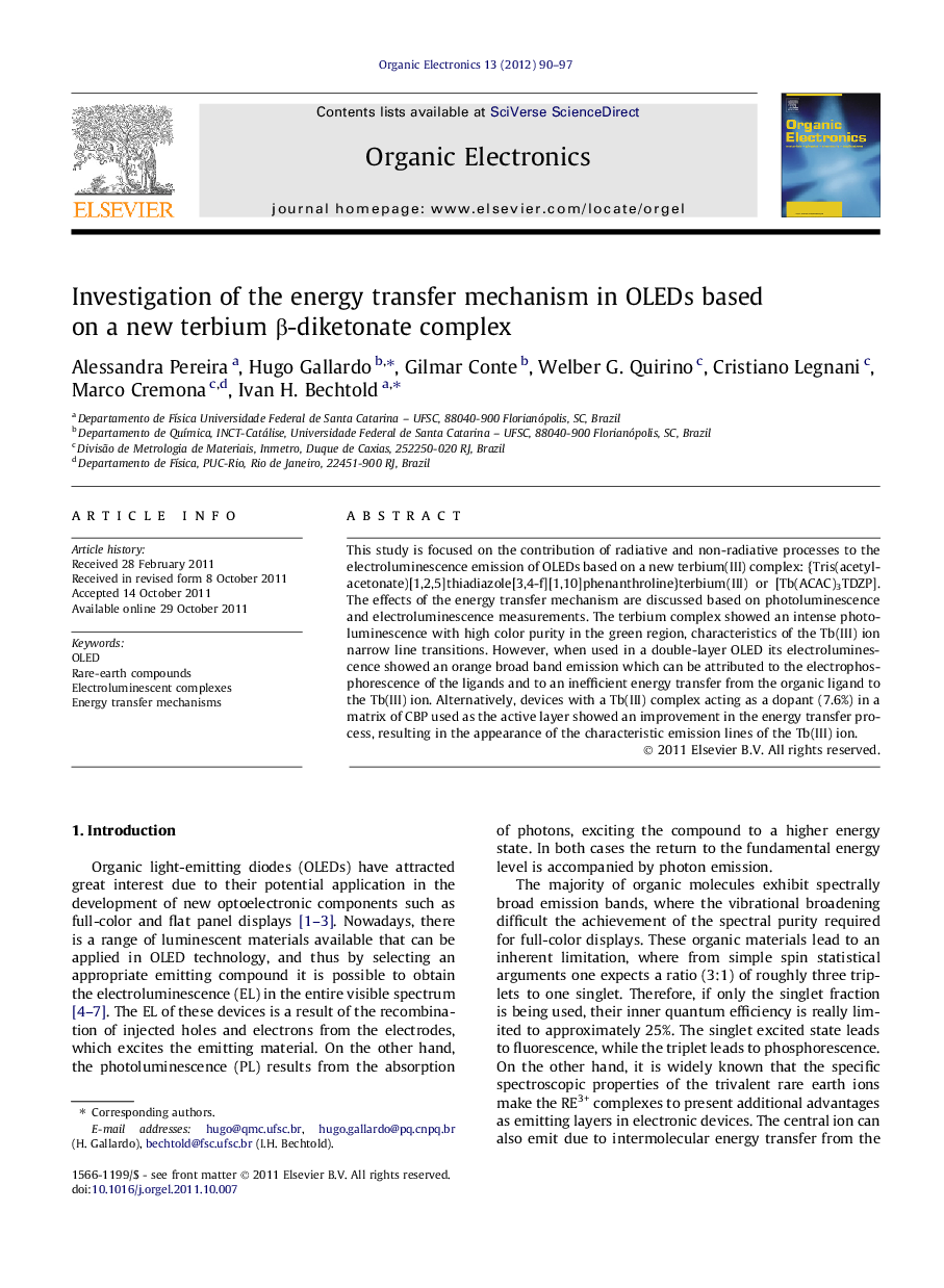 Investigation of the energy transfer mechanism in OLEDs based on a new terbium β-diketonate complex