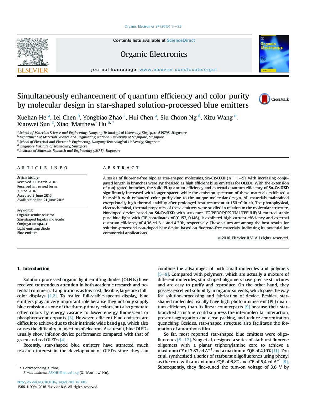 Simultaneously enhancement of quantum efficiency and color purity by molecular design in star-shaped solution-processed blue emitters