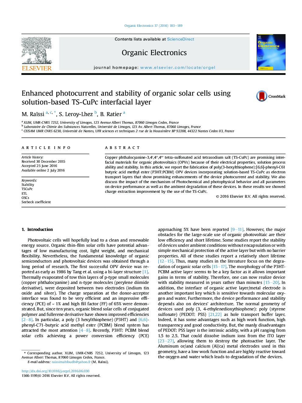 Enhanced photocurrent and stability of organic solar cells using solution-based TS-CuPc interfacial layer