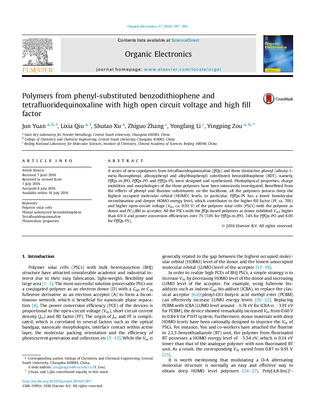 Polymers from phenyl-substituted benzodithiophene and tetrafluoridequinoxaline with high open circuit voltage and high fill factor