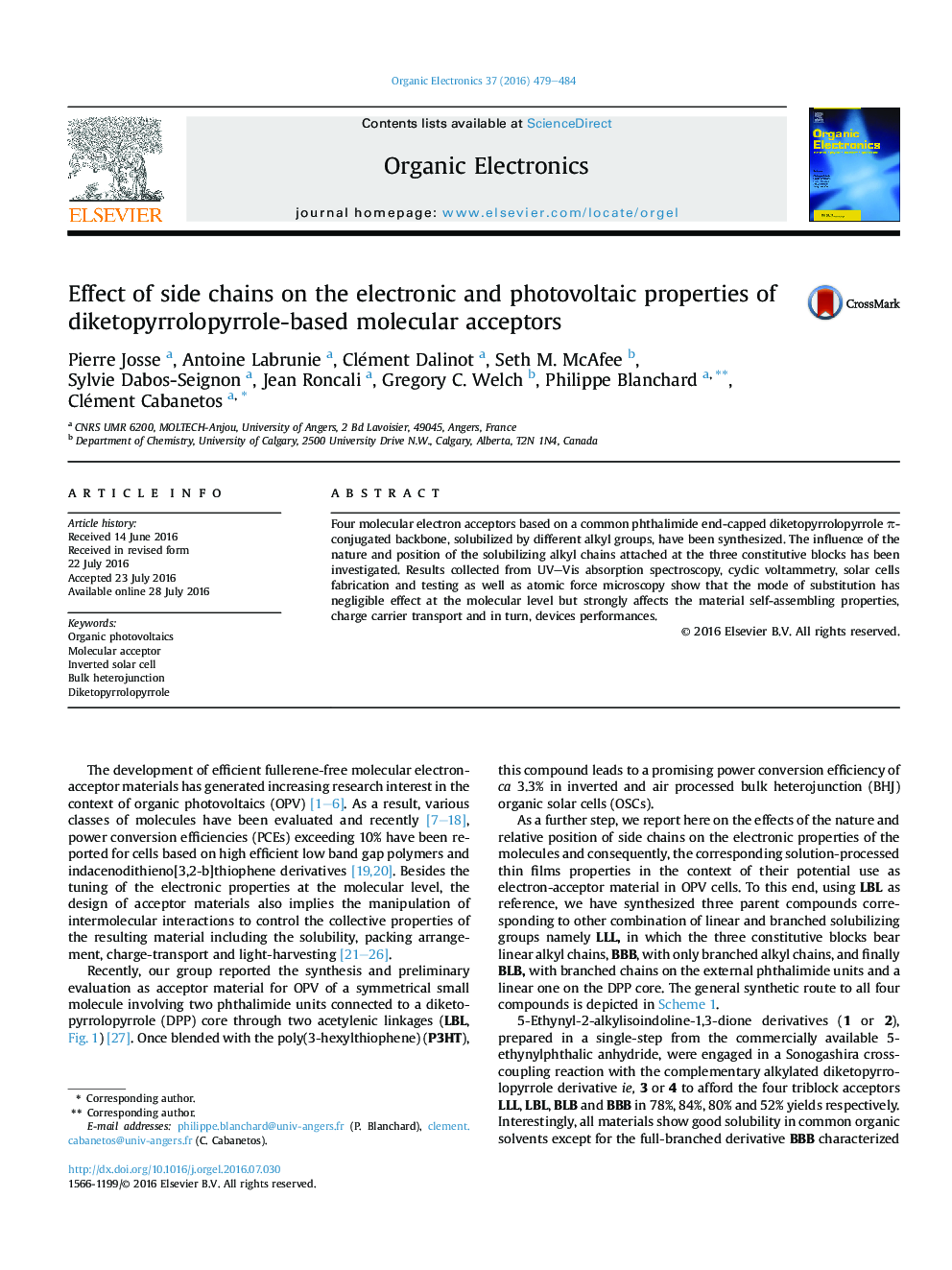 Effect of side chains on the electronic and photovoltaic properties of diketopyrrolopyrrole-based molecular acceptors